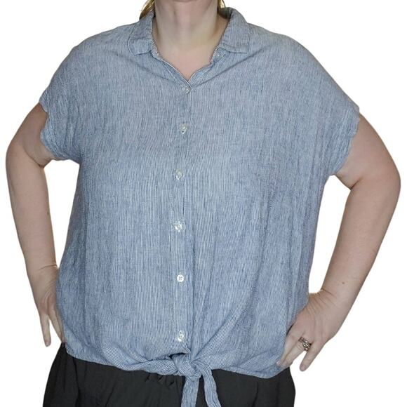 Weatherproof Vintage Size XXL Linen Blend Blue Striped Tie Front Button Up Shirt - Picture 1 of 9